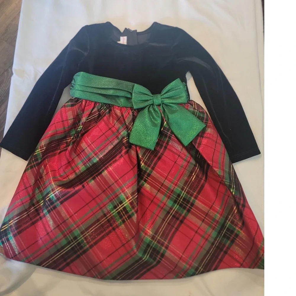 Bonnie Jean Girls Christmas Holiday Dress Black‎ Velvet Red Plaid 3T